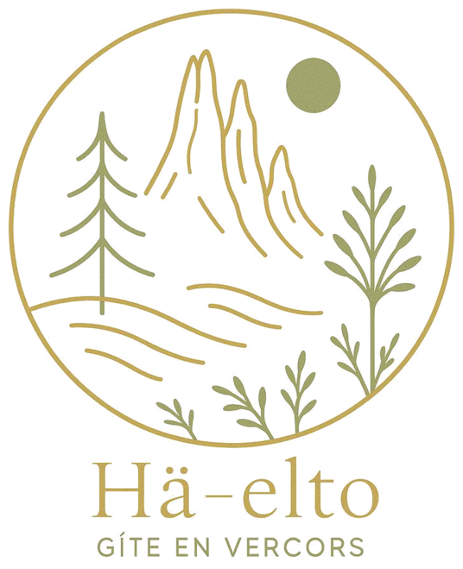 Logo Hä-elto, gîte en Vercors : les Trois Pucelles, un sapin et le soleil dans un cercle doré